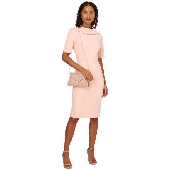 Adrianna Papell ✘ NWT Pink Elbow Sleeve Roll Neck Crepe Open Back Midi Dress - Picture 5 of 15